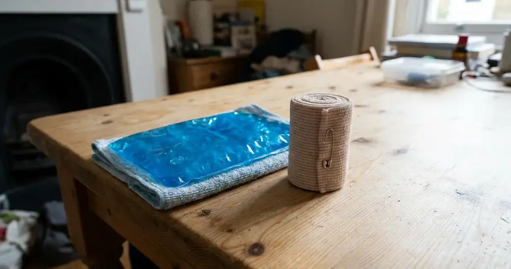 bolsa de gelo e atadura enrolada sobre mesa de madeira clara