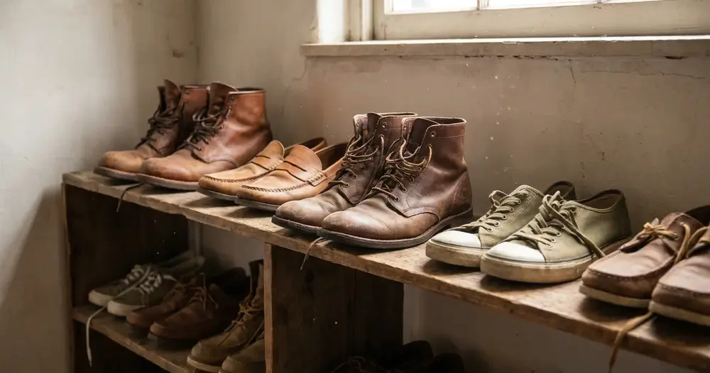 sapatos de couro e lona organizados em prateleira de madeira
