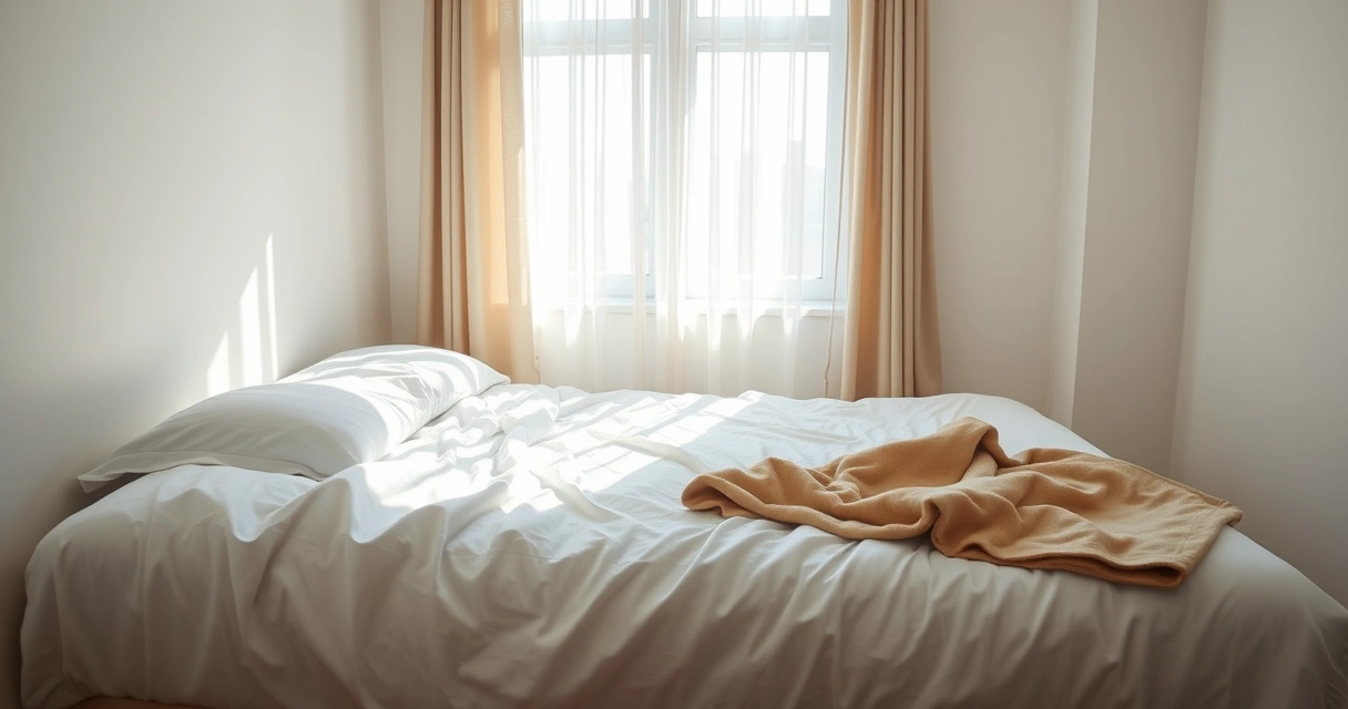 Cama desfeita em quarto claro com luz da manhã pela janela