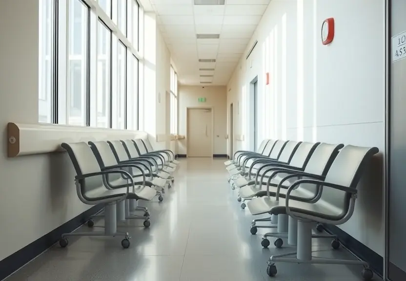 Corredor de hospital vazio, com luz natural e cadeiras de espera