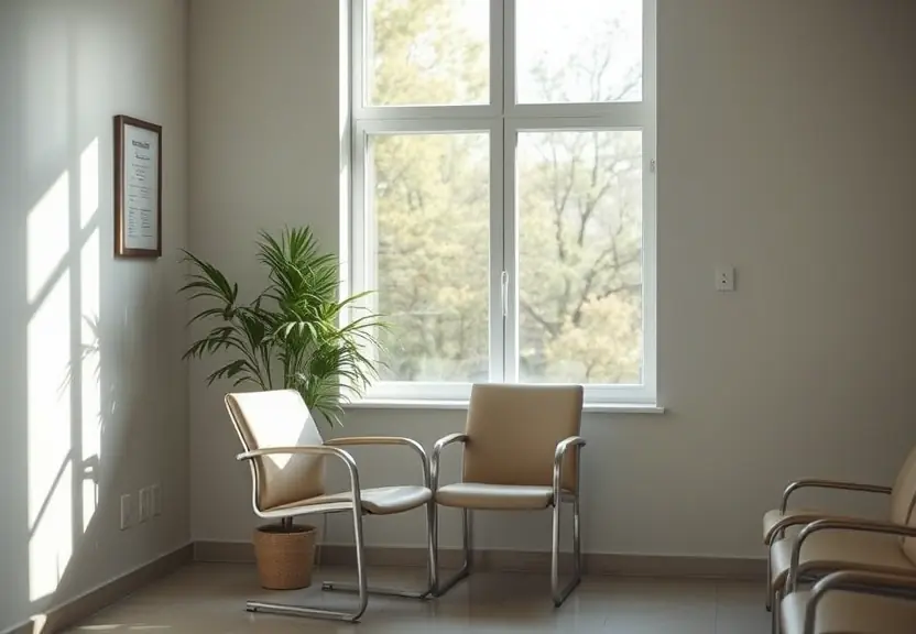 Sala de espera de clínica com uma cadeira vazia junto à janela