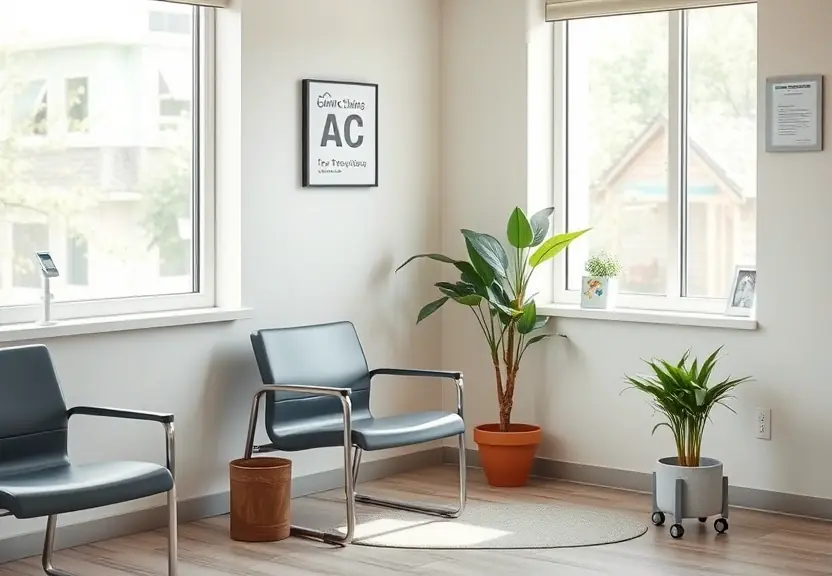 Sala de espera de clínica com uma cadeira vazia junto à janela