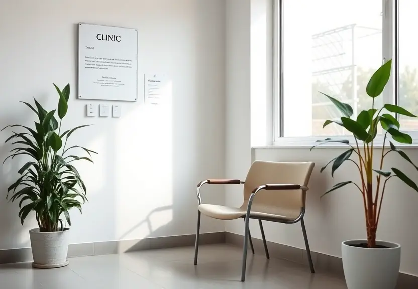 Sala de espera de clínica com uma cadeira vazia junto à janela