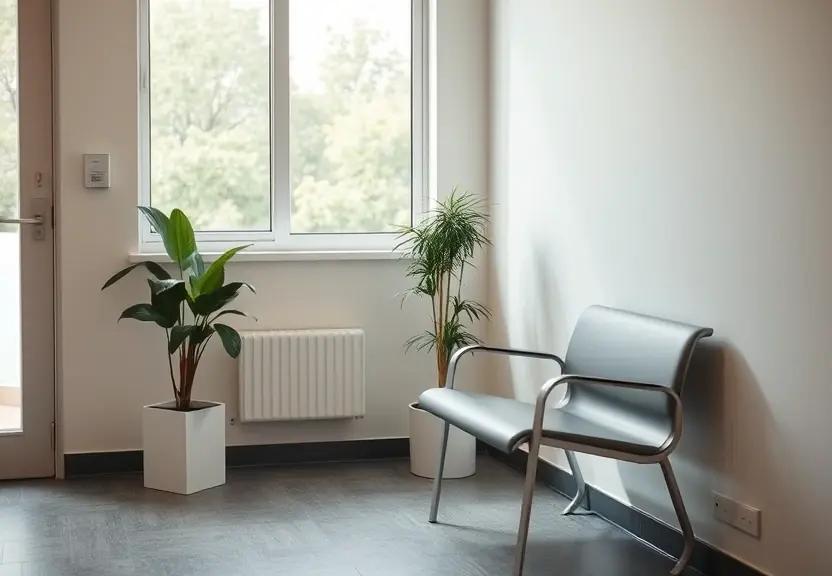 Sala de espera de clínica com uma cadeira vazia junto à janela