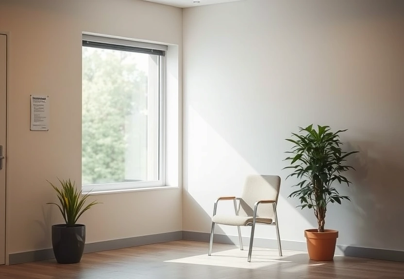 Sala de espera de clínica com uma cadeira vazia junto à janela