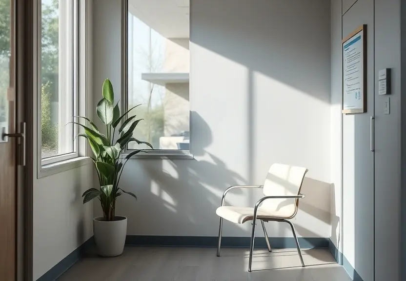Sala de espera de clínica com uma cadeira vazia junto à janela