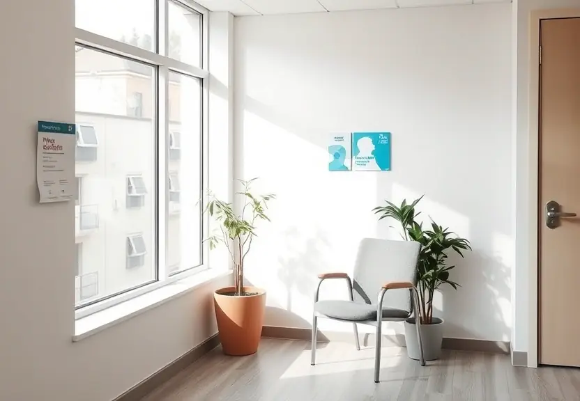 Sala de espera de clínica com uma cadeira vazia junto à janela