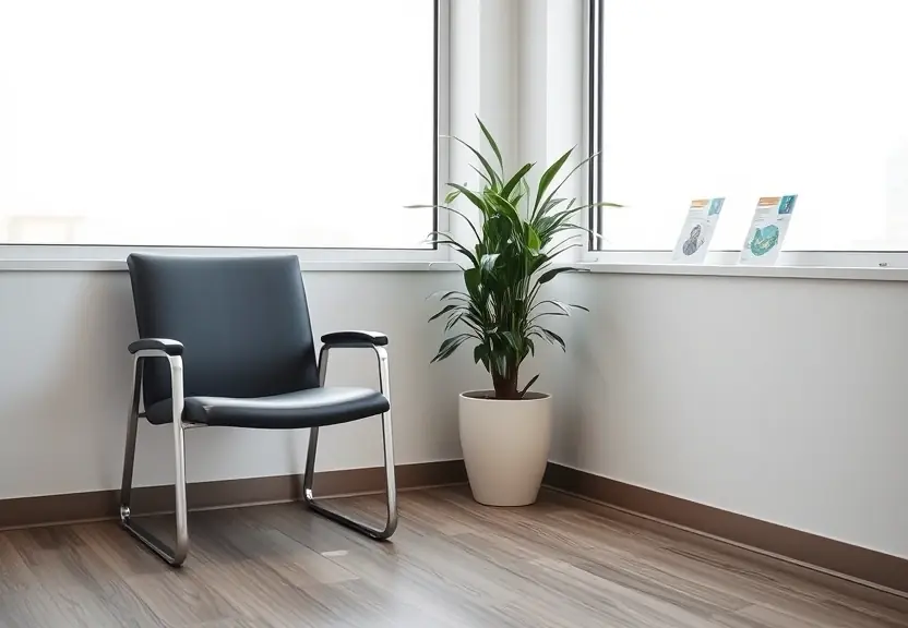 Sala de espera de clínica com uma cadeira vazia junto à janela