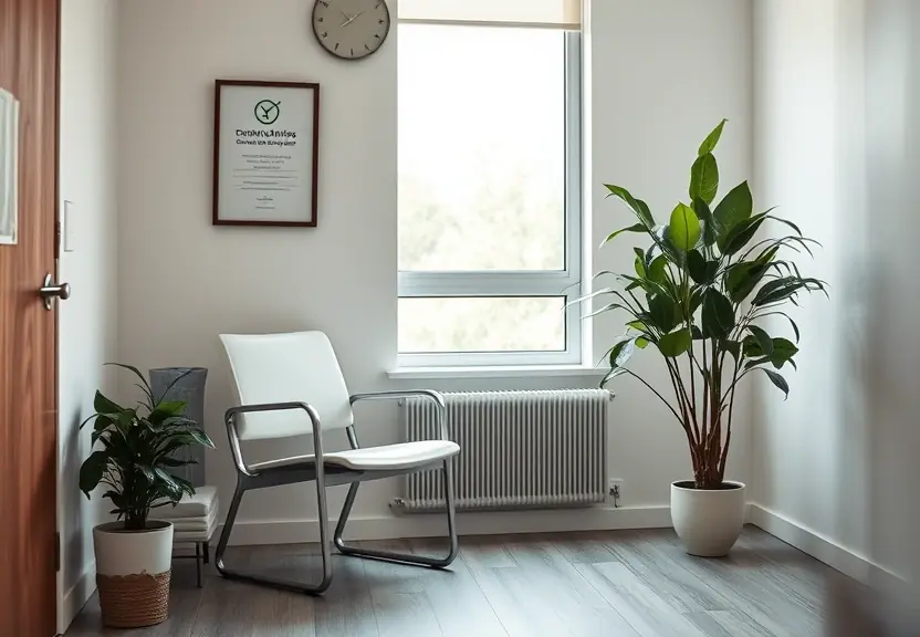 Sala de espera de clínica com uma cadeira vazia junto à janela