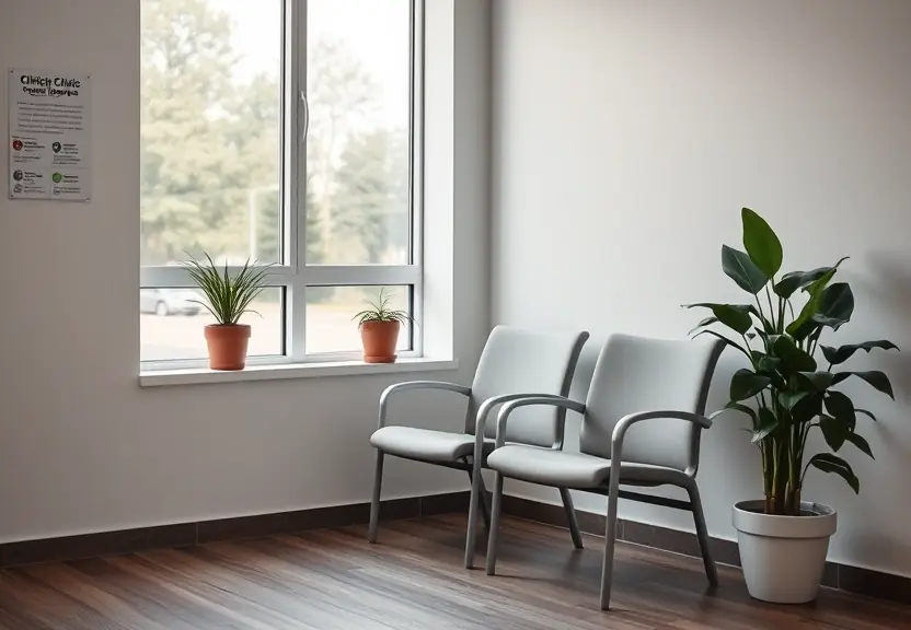 Sala de espera de clínica com uma cadeira vazia junto à janela
